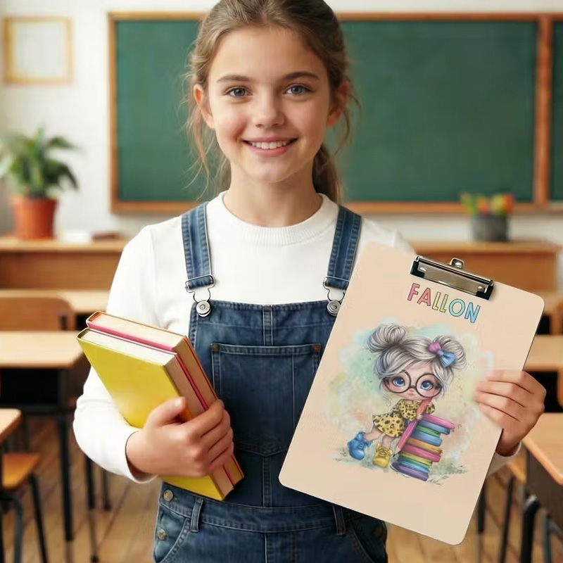 Personalized Cartoon Reading Girl Acrylic Clipboard with Name Back to School Birthday Gift for Students
