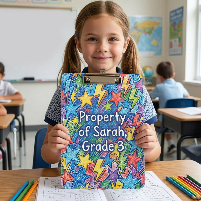 Personalized Colorful Doodle Star Lightning Back To School Name Grade Label Classroom Supply Children Clipboard