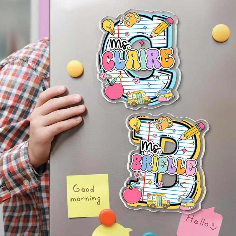 Personalized Colorful Teacher Classroom Doodle Letters Pencil Apple Book Crayon Name Initial Refrigerator Magnets