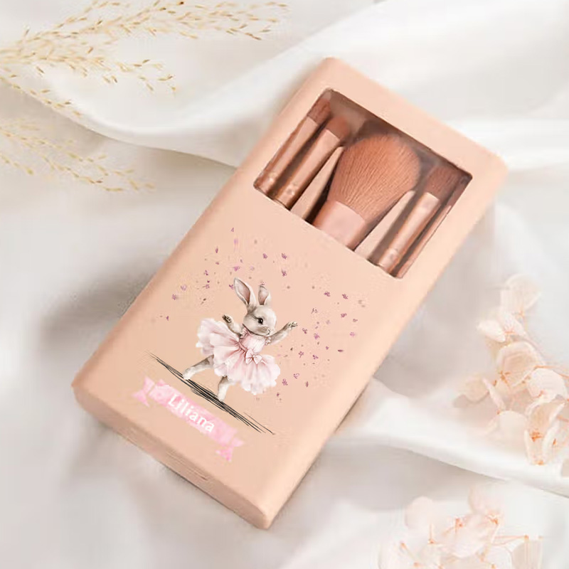 Personalized Ballet Bunny 5 Pcs Makeup Brushes Box Set with Name and Mirror Birthday Dance Competition Gift for Ballet Lovers