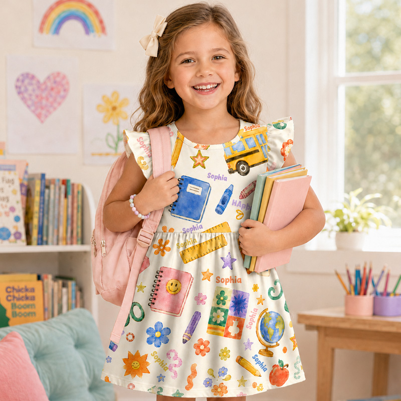 Personalized Back To School Classroom Icons Book Pencil Bus Apple Crayon Print For Little Girls Coquette Ruffle Dress