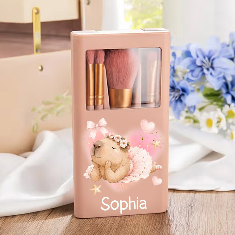 Personalized Cute Capybara Ballerina Pink Floral Tutu Dance Lover Gift Travel Organizer With Mirror Makeup Brushes Box Set