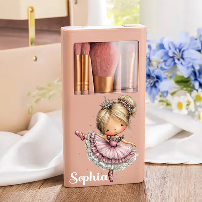Personalized Cute Blonde Ballerina Girl Pink Tutu Floral Sparkle Dance Lover Gift Travel Organizer Makeup Brushes Box Set