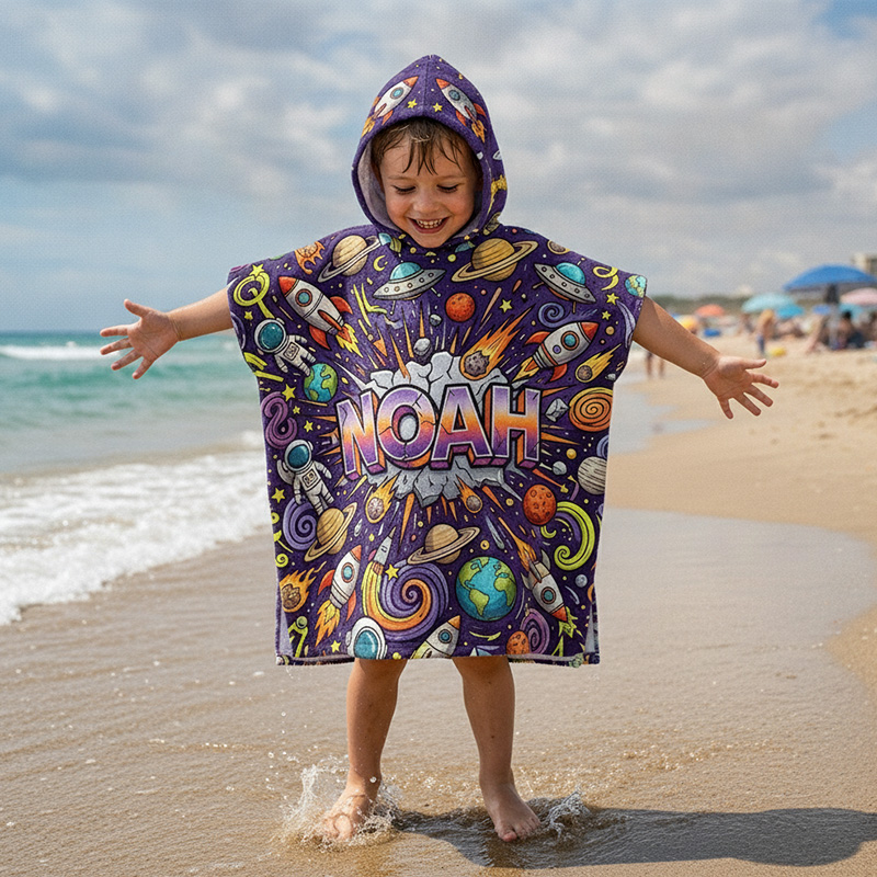 Personalized Colorful Outer Space Planets Stars Rocket Galaxy Universe Print For Little Astronauts Kids Summer Swim Cover Up Quick Dry Hooded Beach Towel