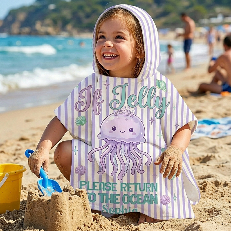 Personalized Cute Jellyfish Ocean Quote Pastel Purple Teal Seashells Striped Beach Design Kids Summer Swim Cover Up Quick Dry Hooded Beach Towel
