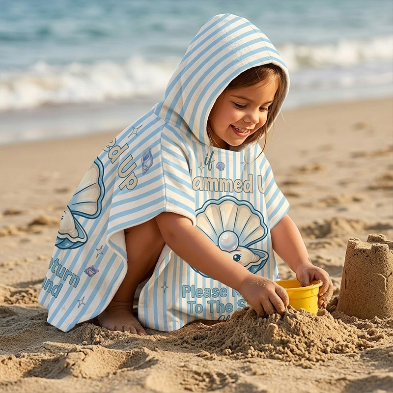 Personalized Cute Clam Seashell Ocean Quote Pastel Blue Sand And Starfish Striped Beach Design Kids Summer Swim Cover Up Quick Dry Hooded Beach Towel