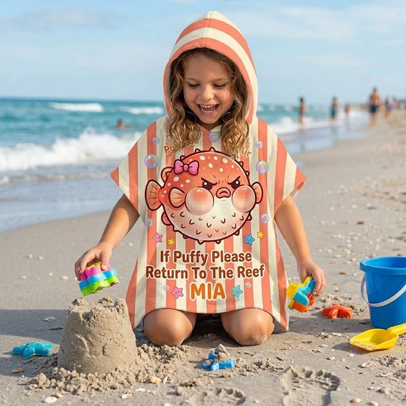 Personalized Cute Crab Ocean Quote Orange Coral Seashells Starfish Striped Beach Design Kids Summer Swim Cover Up Quick Dry Hooded Beach Towel