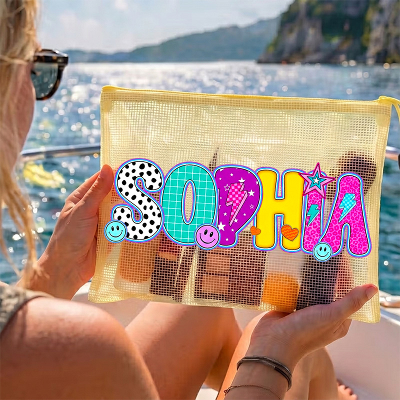 Personalized Colorful Polka Dot Bubble Letters Name Pool Day Vacation Cute Summer Travel Essentials Waterproof Sandproof Beach Bag