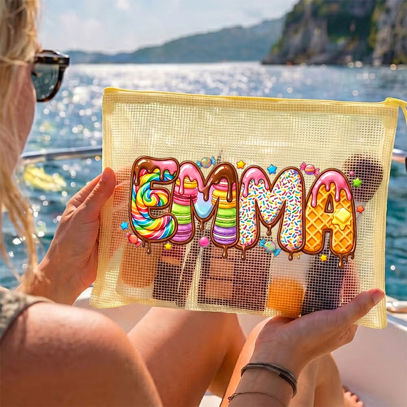 Personalized Summer Beach Vacation Cute Fruit Lemon Watermelon Pineapple Name Bubble Letters Printed Waterproof Sandproof Beach Bag