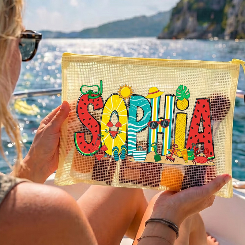 Personalized Tropical Pineapple Palm Tree Name Colorful Doodle Letters Summer Vacation Ocean Adventure Waterproof Sandproof Beach Bag