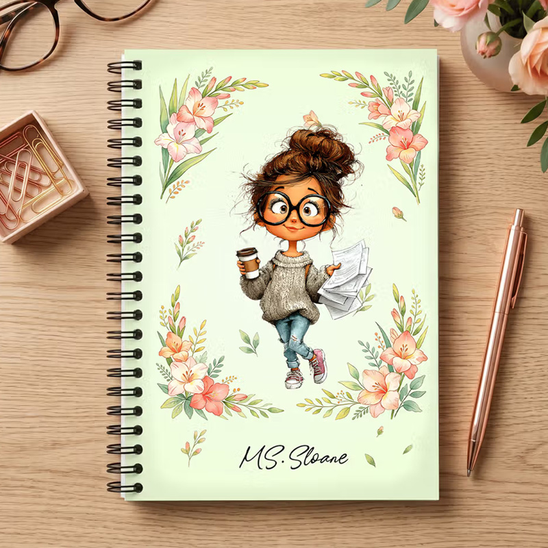 Personalized Birth Flower Cartoon Teacher Character Spiral Notebook with Text Daily Use Teacher's Day Birthday Gift for Teachers