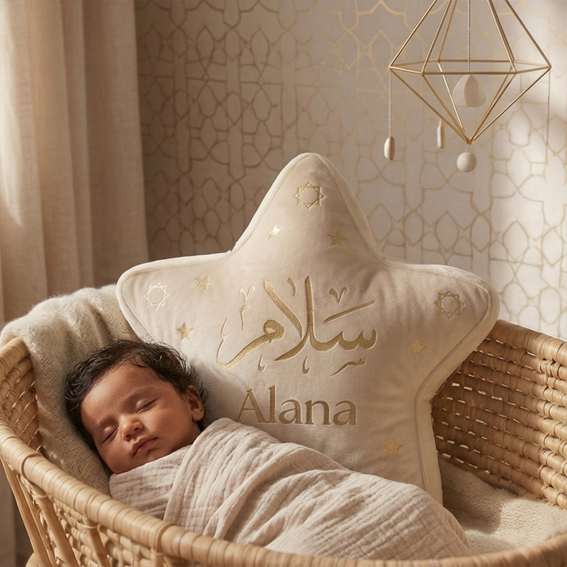 Personalized Arabic Calligraphy Baby Pillow Custom Mosque Star Cushion Aqiqah Gift Islamic Nursery Decor