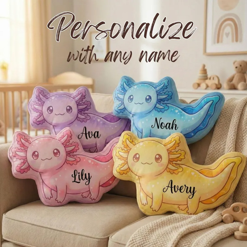 Personalized Axolotl Pillow Custom Name Kids Room Decor Kawaii Plush Sea Animal Cushion Birthday Gift for Toddlers