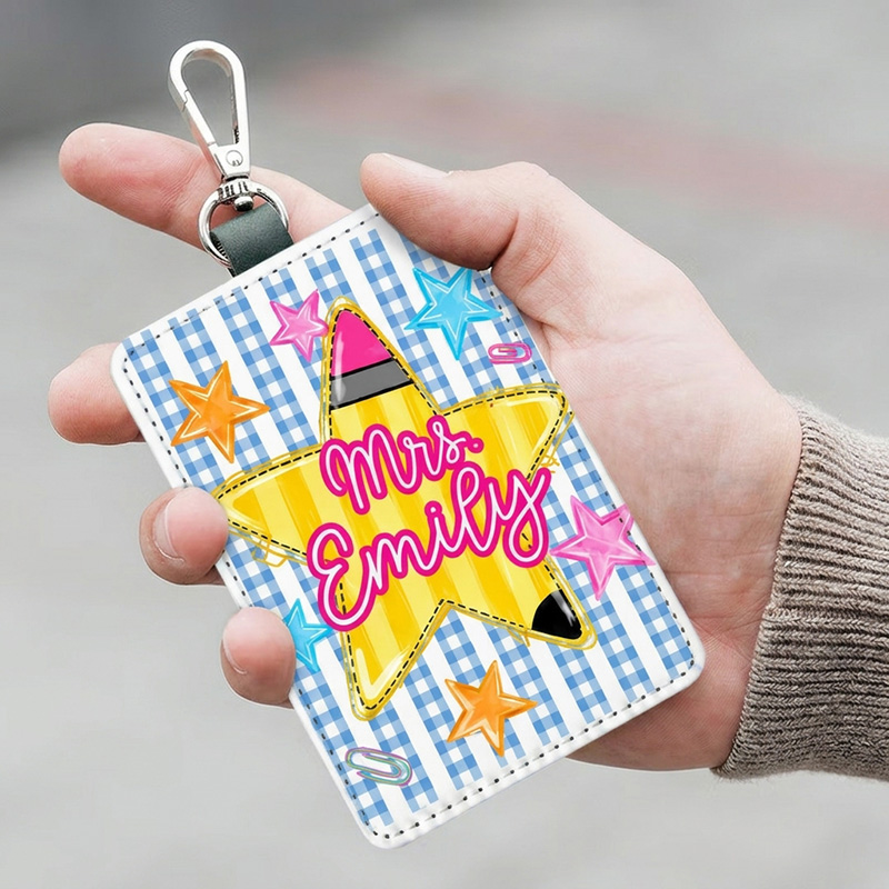 Personalized Colorful Back To School Classroom Name Tag Cute Crayon Star And Teacher Apple Art For Educators Teacher Badge Holder