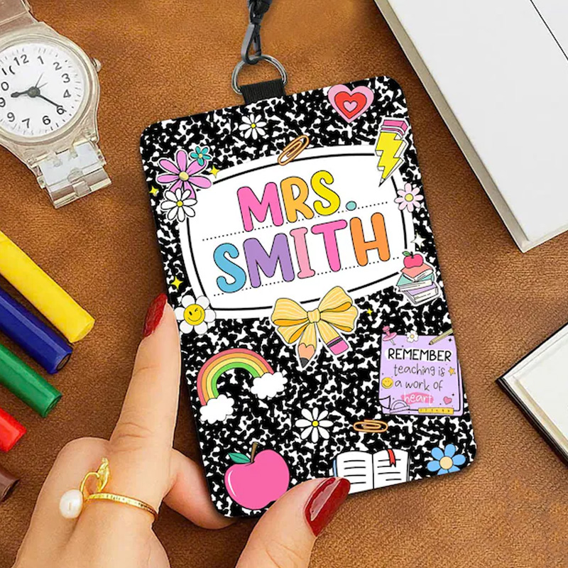 Personalized Retro Composition Notebook Style Classroom Name Tag Cute Rainbow And School Icons For Educators Teacher Badge Holder