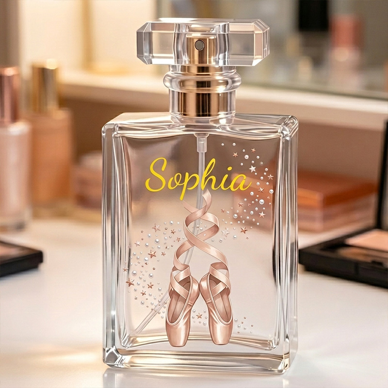 Personalized Elegant Rose Gold Ballet Slippers Sparkle Confetti Name Script Keepsake Dancer Gift Decor Perfume Bottle