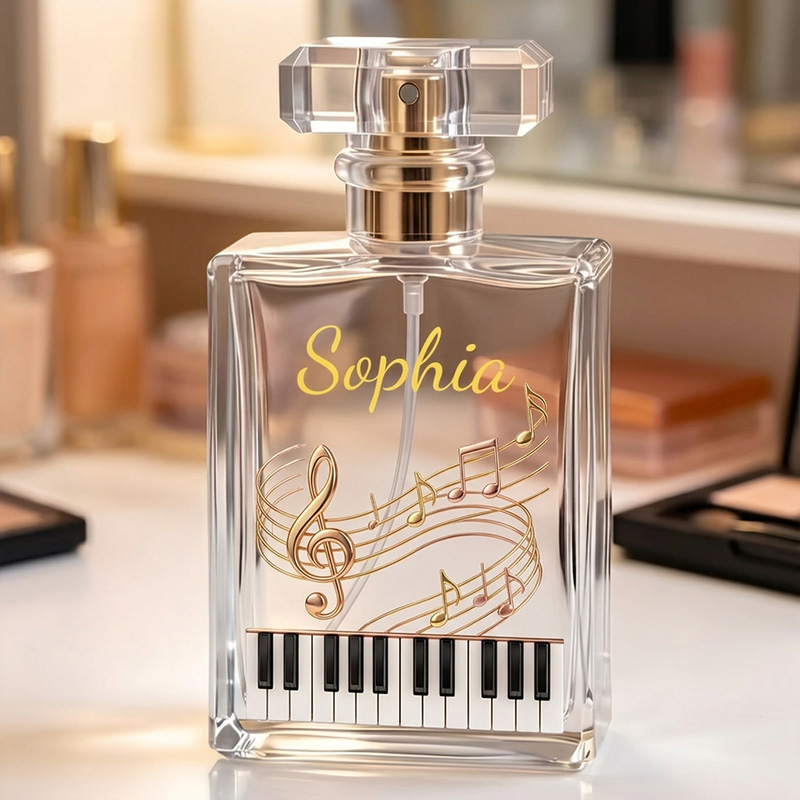 Personalized Classical Music Notes Piano Keys Rose Gold Elegant Script Name Orchestra Lover Gift Perfume Bottle