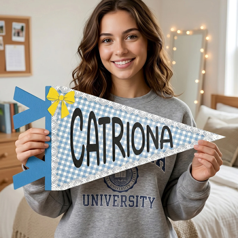 Personalized Pastel Gingham Pattern Name Bow Accent Cheerful Kids Room Wall Decor Party Banner Pennant