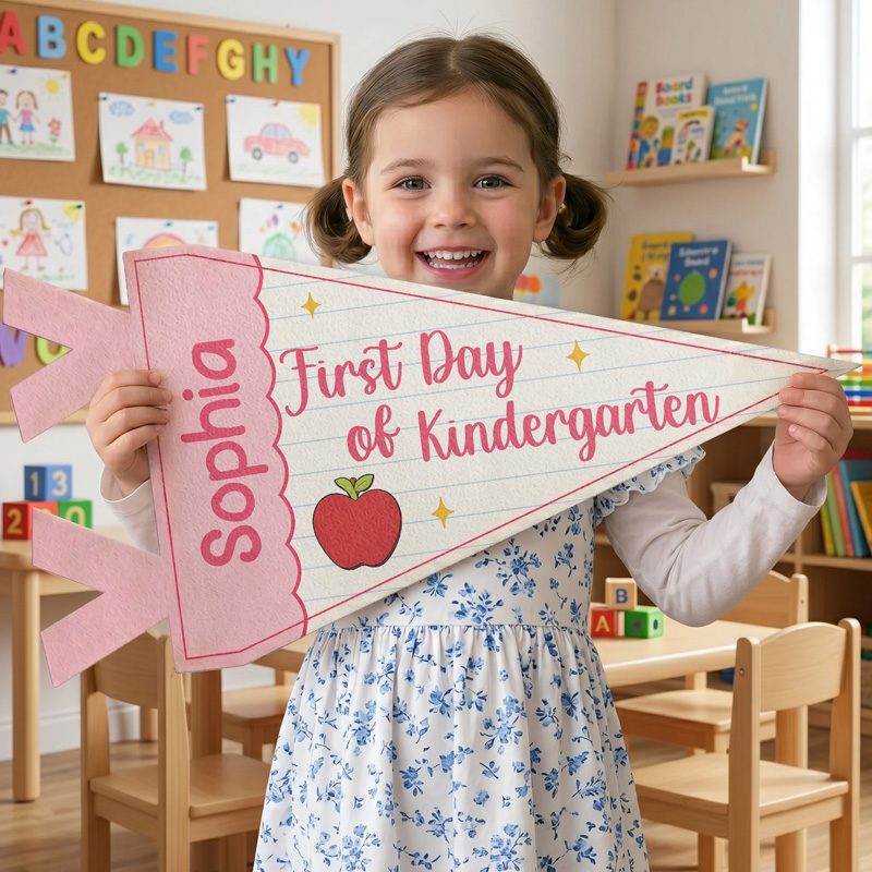 Personalized First Day Of School Apple Motif Pink Polka Dot Classroom