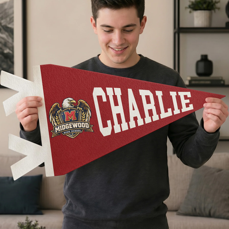 Personalized Vintage Varsity School Spirit Crest Emblem Bold Block Letter Name Boys Room Sports Team Decor Pennant