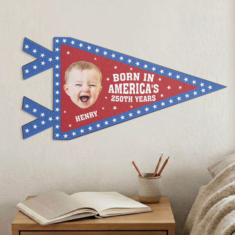 Personalized Patriotic Baby Photo Born In America Fourth Of July Red White And Blue Stars Keepsake Pennant