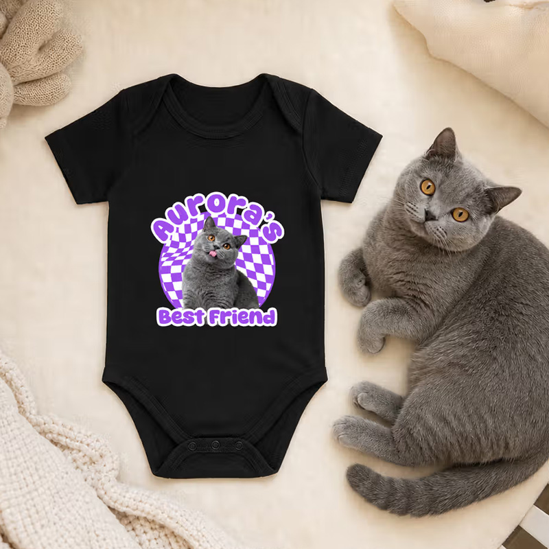 Personalized Best Friend Checkerboard Pattern Pet Photo 100% Cotton Baby Bodysuit with Name Baby Shower Birthday Gift for Daughter Son