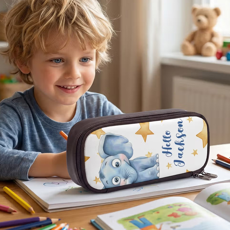 Personalized Cute Animal Says Hello Durable Pencil Case with Name Back to School Birthday Gift for Boys Girls Students