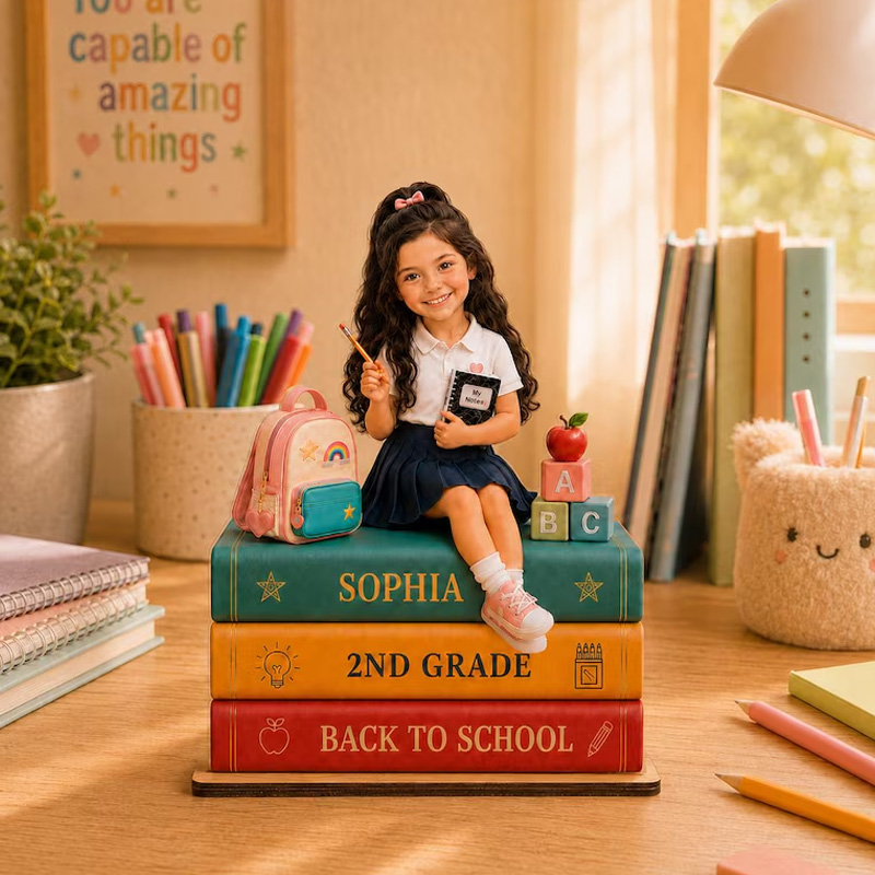 Personalized Back To School Classroom Books Girl Student Grade Custom Photo Upload Acrylic Tabletop Decor Design