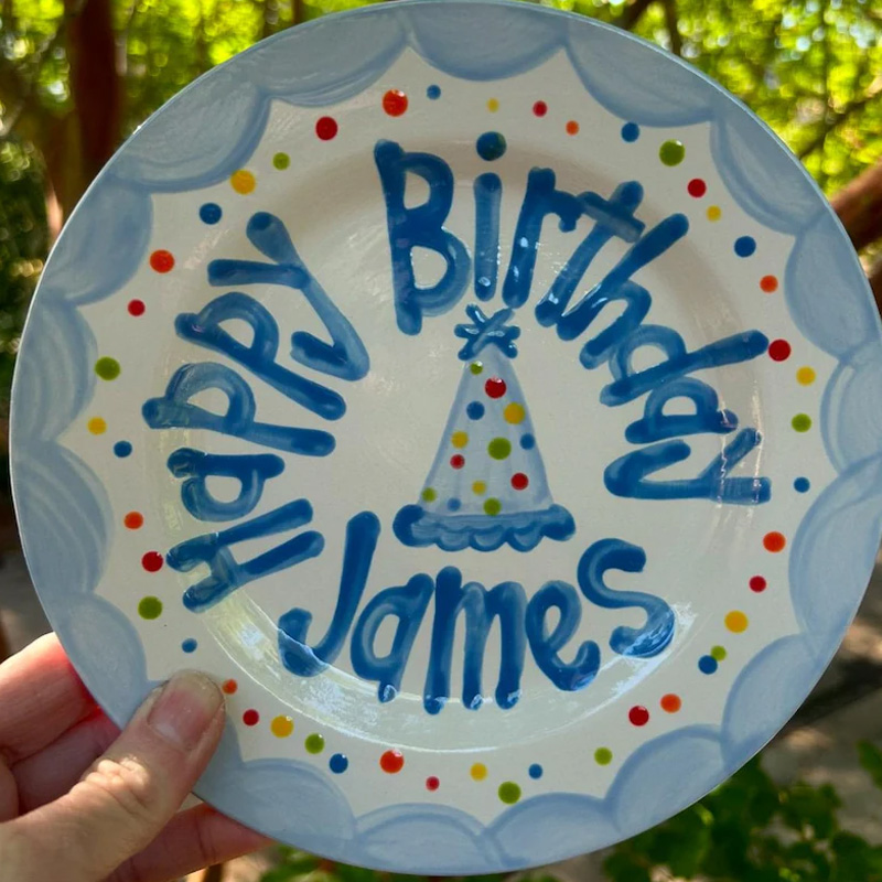 Personalized Blue Party Hat Confetti Happy Birthday Boy Kids Celebration Table Display Keepsake Ceramic Plate Design