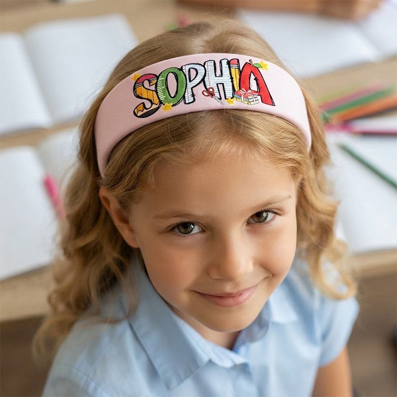 Personalized Colorful Name Kids Headband Back To School Classroom Themed Soft Stretch Girls Hair Accessory Design