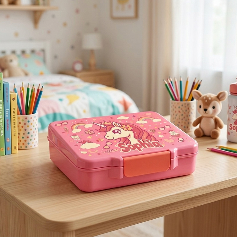 Personalized Rainbow Horse Name Kids Lunch Box Using a Spoon Fork and Sauce Container Magical Rainbow Themed Cute Girls School Snack Container Design