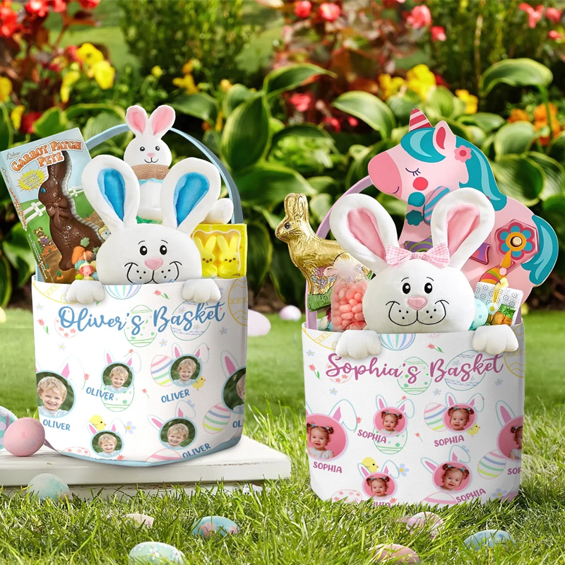 Personalized Kid Happy Easter with Bunny Ears Photo Easter Basket Easter Gifts for Kids