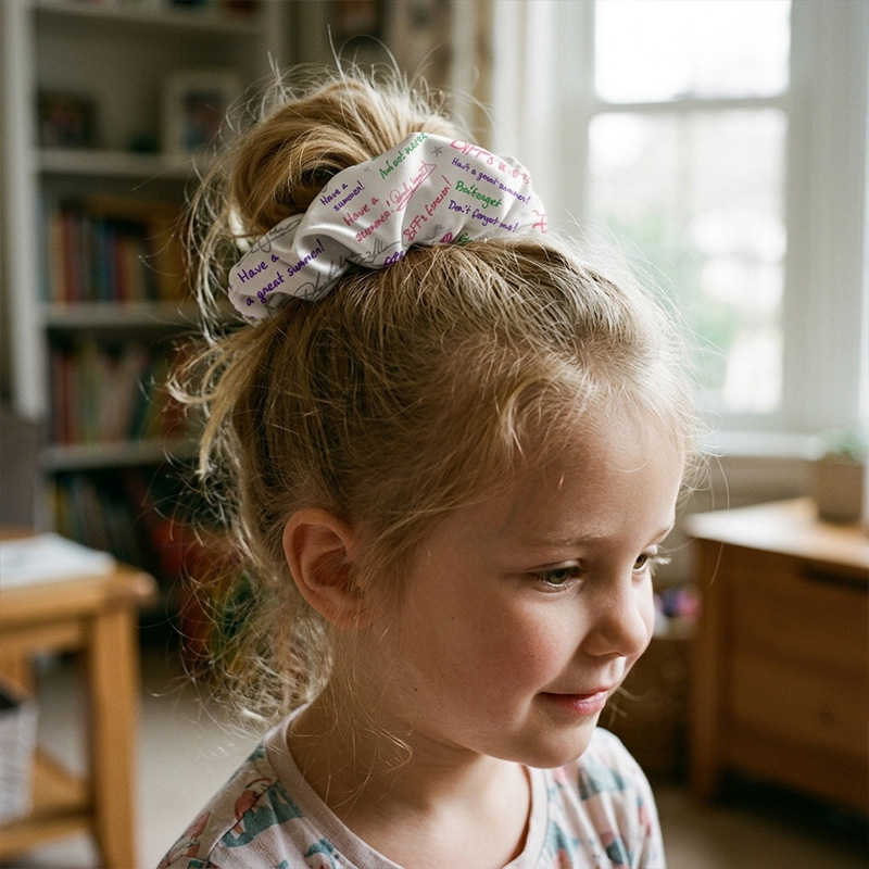 Personalized Name Autograph Pattern Best Friends Forever Messages Colorful Doodles Fun School Memories Girl Hair Scrunchie