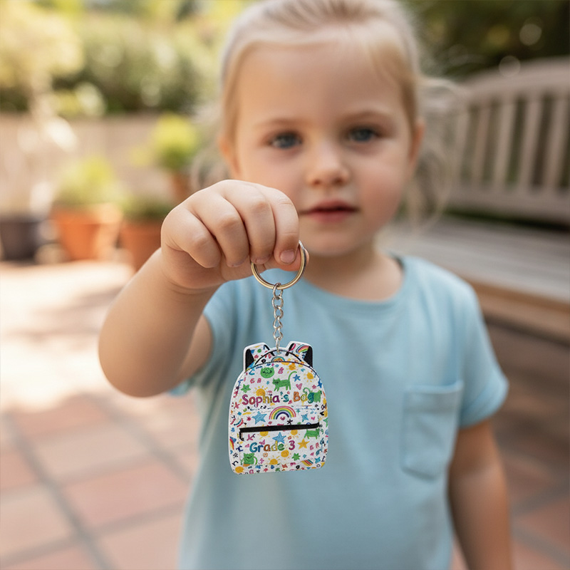 Personalized Back To School Doodle Icons Name Backpack Shape Colorful Stars Hearts Rainbows Kids Acrylic Keychain