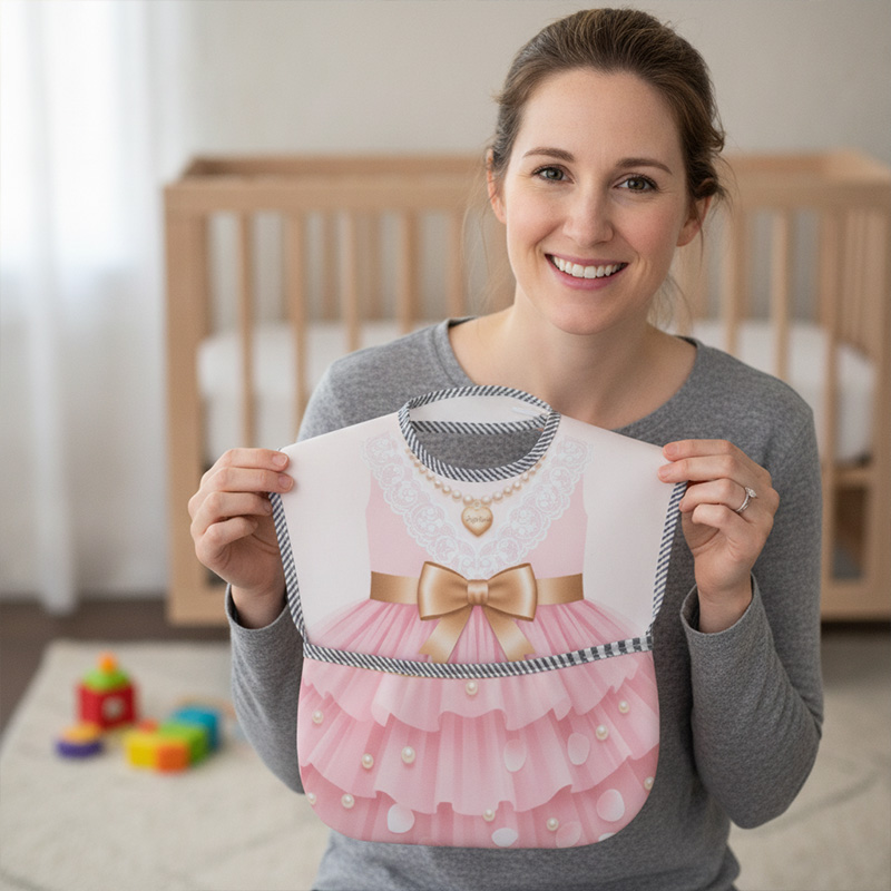 Personalized Princess Tutu Dress Bib Name Pink Ruffles Gold Bow Pearl Necklace Cute Baby Girl Mealtime Gift