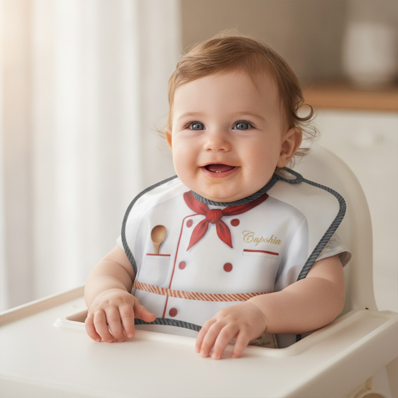 Personalized Little Chef Bib Name White Apron Printed Buttons Red Bow Wooden Spoon Cute Baby Boy Cooking Mealtime