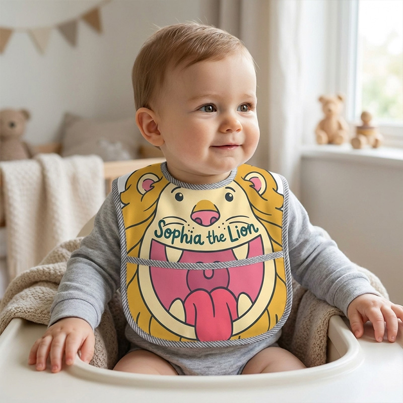 Personalized Lion Bib Name Roaring Hungry Cub Cute Jungle King Baby Boy Girl Mealtime Gift Adjustable Soft