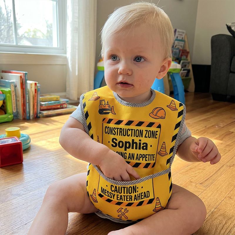 Personalized Construction Zone Bib Name Caution Messy Eater Ahead Yellow Black Stripes Trucks Cones Baby Mealtime
