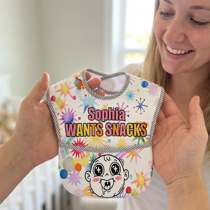 Personalized Wants Snacks Bib Name Cute Cartoon Baby Face Colorful Starburst Hungry Snack Lover Fun Mealtime