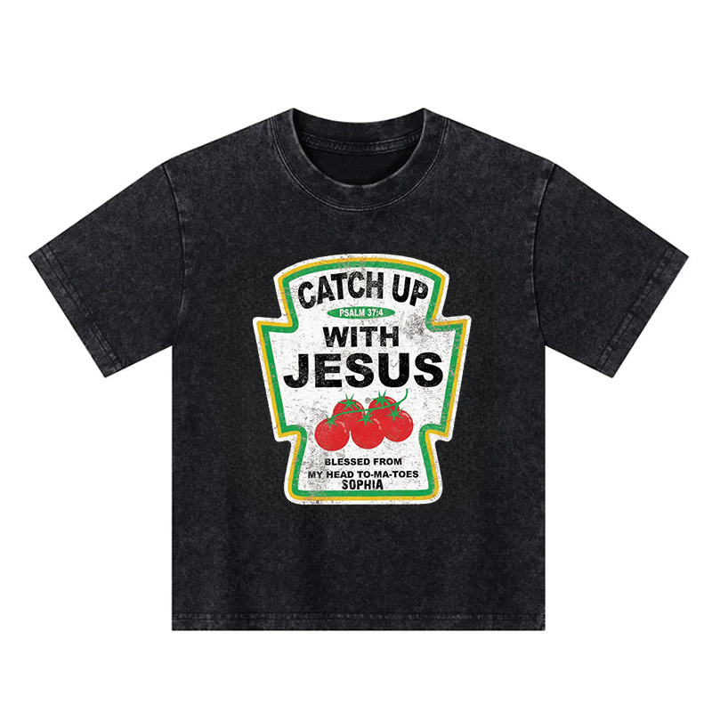 Personalized Catch Up With Jesus Scripture Tomato Blessed From My Head To Ma Toes Christian Faith Graphic Kid Washed T Shirt