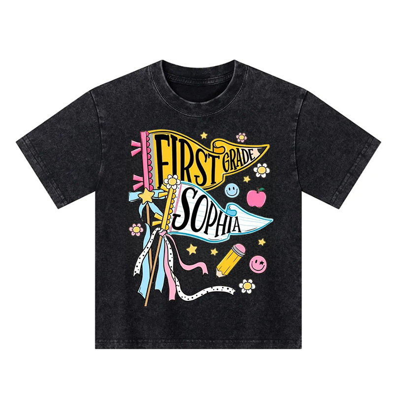 Personalized First Grade Pennant Name Back To School Cute Pastel Ribbons Stars Flowers Smiley Face Pencil Kid Washed T Shirt