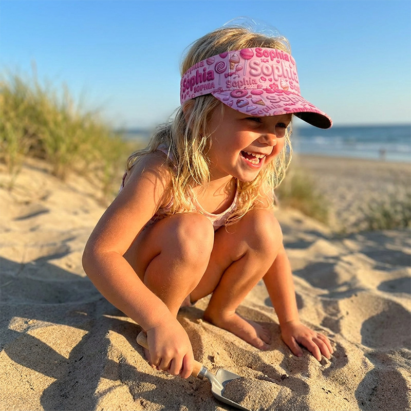 Personalized Pink Candy Visor Hat Custom Name Kids Sun Cap Beach Inspired Handwritten Letter Pattern Summer Outdoor Accessory