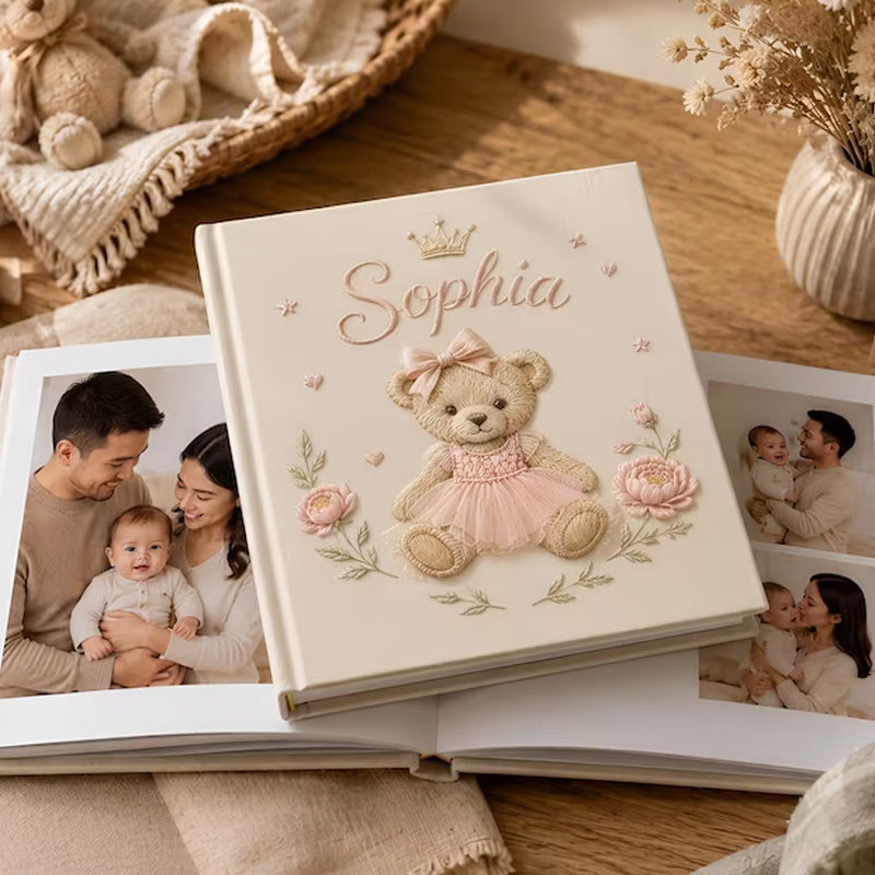 Personalized Princess Teddy Baby Memory Book Themed Crown Bear And Blossoms Design Neutral Linen Cover Custom Name Newborn Keepsake