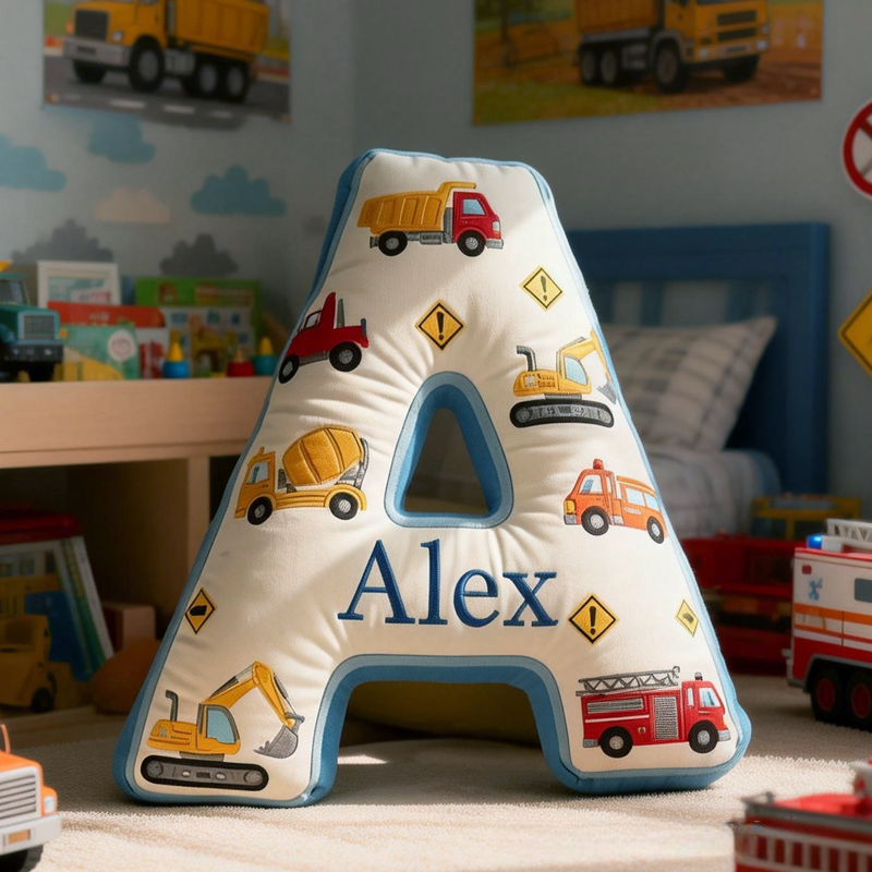 Personalized Construction Letter Pillow Custom Initial Pillow for Kids Trucks Vehicles Nursery Decor Boys Room Cushion Toddler Gift