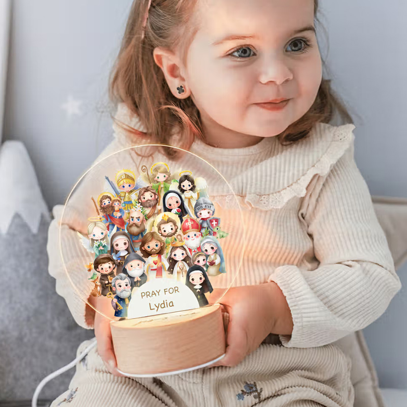 Personalized Watercolor Cartoon Holy Saints of Heaven LED Night Light with Name and Wooden Base Room Decor Birthday Gift for Newborns Catholics