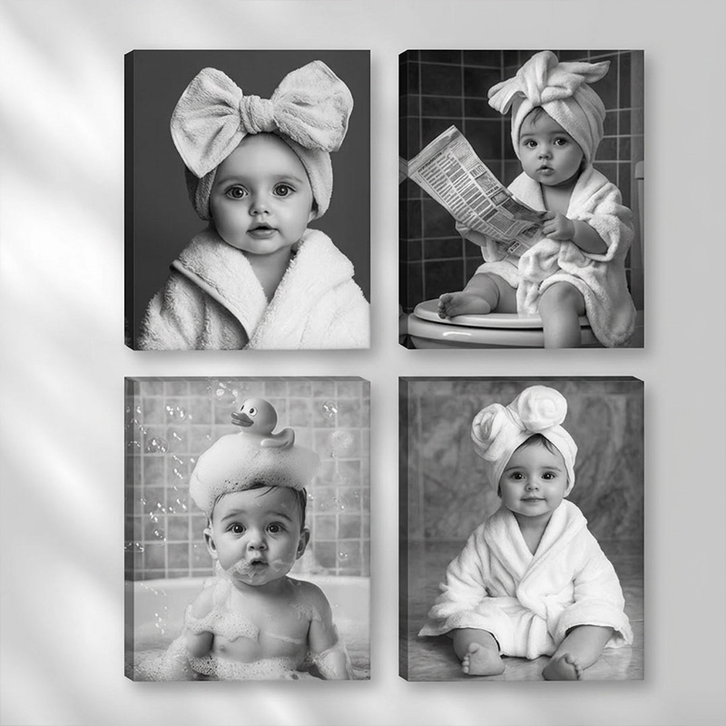 Personalized Baby Bath Time Canvas Art Themed Cute Bubble And Towel Moments Design Custom Photo Black And White Nursery Wall Decor