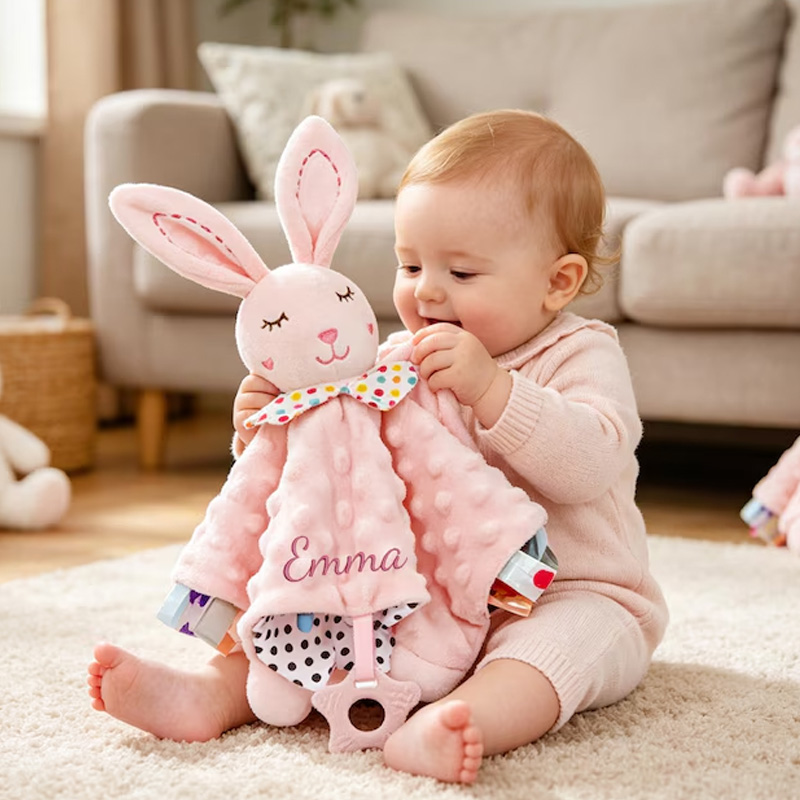 Personalized Embroidered Name Lovey Blanket Themed Cozy Sleep And Comfort Design Soft Pink Minky Dots Custom Name Baby Security Snuggle Toy Crinkle Sensory Security Toy