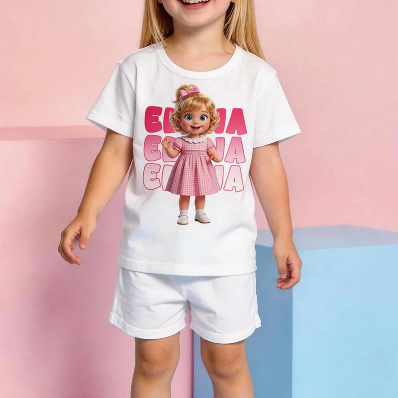Personalized Cartoon Face Pajama Set, Custom Photo Name Print Girls Crew Neck Short Sleeve Top With Matching Shorts Funny Housewear Suit