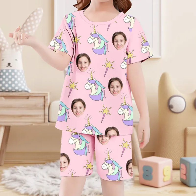 Personalized Face Rainbow Horse Pajamas Crew Neck Short Sleeve Short Pants Red Heart House wear Suit For Kids