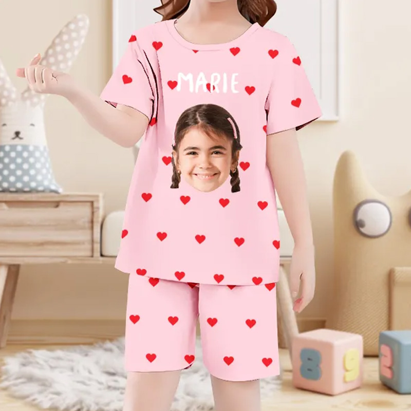 Personalized Face And Name Pajamas Crew Neck Short Sleeve Short Pants Red Heart House-wear Suit For Kids